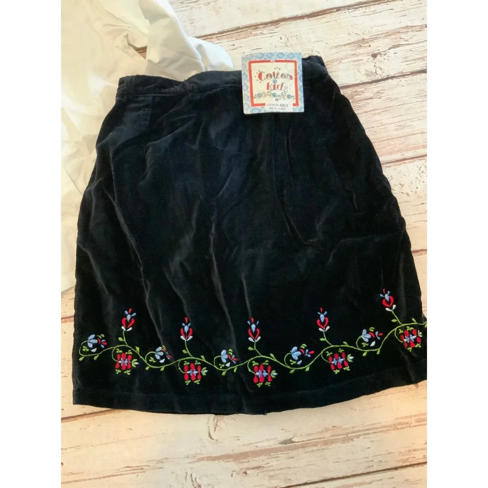 Cotton Kids Girls Size 12 White Embroidered Blouse Black Velvet Skirt Set NWT